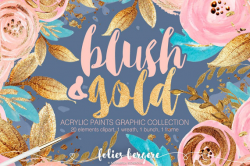 Blush & Gold Clipart Boho Chic Flower Wreath Peach Navy Gold