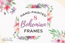 Bohemian Watercolor Clipart Frames Border Flowers Boho Pink Purple