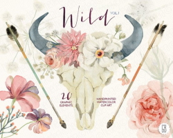 Watercolor floral bull skull, horn, peony, roses, dahlia, arrows ...