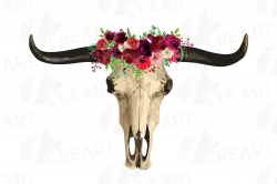 Watercolor Floral Longhorn Bull Skull clipart, boho tribal