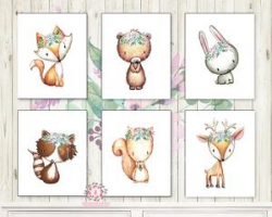 6 Deer Fox Bunny Purple Mint Bear Woodland Wall Art Print Boho ...