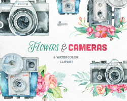Flowers & Cameras. 6 Handpainted clipart, invitation, photocamera ...