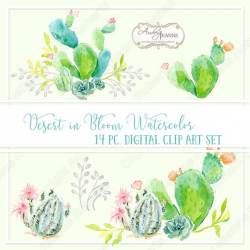 Watercolor Boho Cactus Floral Digital Clipart Clip Art png files, Bohemian,  Cactus Flowers, Succulents, Prickly Pear, Barrel, Leaf swirls