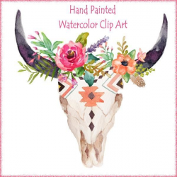 $5.5 1 Watercolor Boho Bull Skull and 2 Watercolor folwer bouquets ...