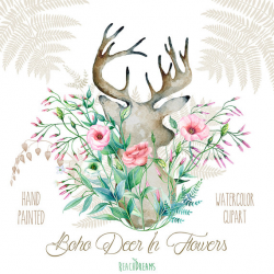 Deer With Flowers. Hand Painted Horns Antlers Fern