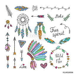 Boho style elements. Hand drawn tribal symbols^ arrows, feathers ...