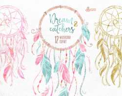 Dreamcatchers 2. Watercolor Clipart. Tribal, feathers, diy, gold ...