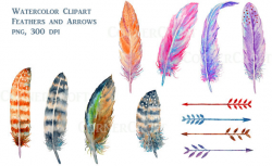Watercolor boho feathers brown and purple spotted arrows