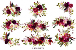 Boho Bordo Watercolor Flowers ~ Illustrations ~ Creative Market