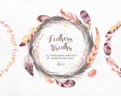 Feathers Wreaths Clipart. 3 Hand painted watercolor frames, wedding ...