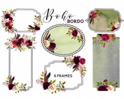 Burgundy Floral Boho Chic Embellished Frames Clip Art Watercolor ...