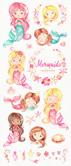 Mermaids. Watercolor clipart, sea, girls, magic, fairytale, wreath ...