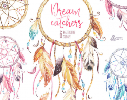 Dreamcatchers. Watercolor Clipart. Tribal feathers diy