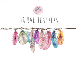 Clipart feathers watercolor tribal boho bright colorful