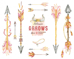 Ethnic Arrows. 12 Watercolor Hand painted Clipart elements, feathers ...