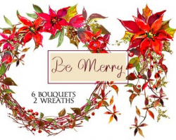 Wedding Watercolor Clipart Red Flowers Bouquets White Burgundy