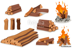 Fire wood and campfire. Log and bonfire vector cartoon flat set ...