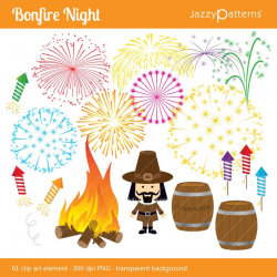 Bonfire Night clipart, Guy Fawkes Day 5th November, fireworks, effigy,  rockets, wooden barrels, gunpowder, instant download