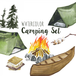 Watercolor Camping clip art Set, Summer outdoors activities, Camping ...