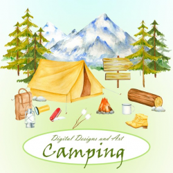 Watercolor camping item clipart, Forest and mountains clipart ...