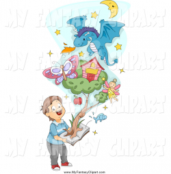 Clip Art of a Boy Holding a Pop up Book with Items and a Tree ...