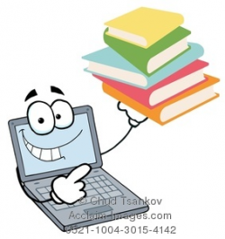 Clipart Image of A Smiling Cartoon Laptop With a Stack of Books
