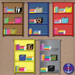 Colorful Bookshelves- Classroom Clip Art with Books & Organized Bins
