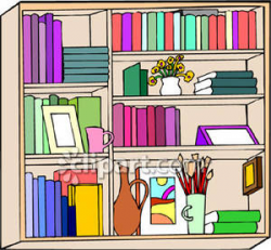 A Bookshelf with Books and Picture Frames - Royalty Free Clipart Picture