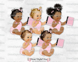 Pink Baby Book Ruffle Pants Shirt Bookworm | Vintage Baby Girl 3 Skin Tones  Afro Puffs | Clipart Instant Download