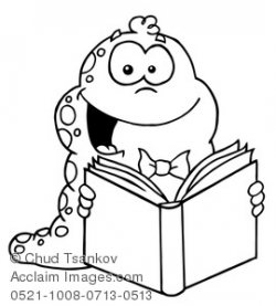 Black and White Smiling Book Worm Reading a Book Clipart Illustration