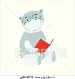 EPS Vector - Hippo smiling bookworm zoo character wearing ...