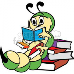 Bookworm reading through a stack of books clipart. Royalty-free clipart #  139324
