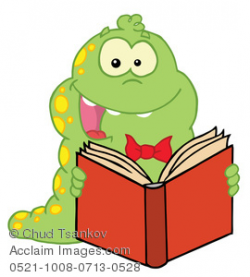 Clipart Illustration of A Green Bookworm Reading a Red Book