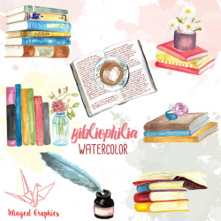 Bibliophile watercolor handpainted clip art: books, reading, library ...
