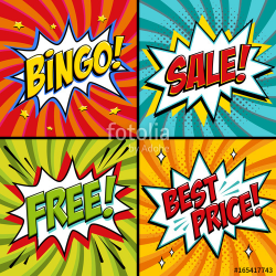 Pop-art web banners. Bingo. Free. Sale. Best price. Lottery game ...