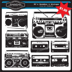 Boombox and Mix Tapes 80s Clip Art Elements Digital Collage