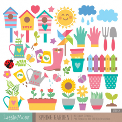 Spring Garden Clipart, Pot Plants Clipart, Ladybug, Sunflower, Fence ...