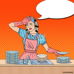 Pop Art Bored Woman Washing Dishes at the Kitchen. Vector ...