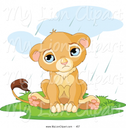 Clipart of a Sad, Cute Little Lion Bored in the Rain by Pushkin - #457