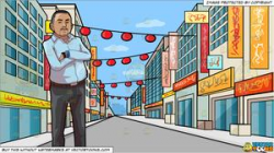 A Strict Boss Crossing His Arms and A Street In Chinatown During The Day  Background