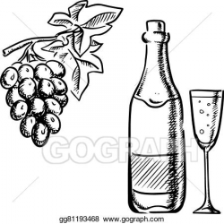 Vector Art - Wine bottle, glass and grapes sketch. Clipart Drawing ...