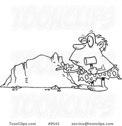 Cartoon Black and White Line Drawing of a Caveman Chiseling a ...