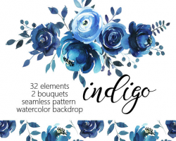 Indigo Watercolor Floral Design Collection Digital Clipart PNG Blue ...