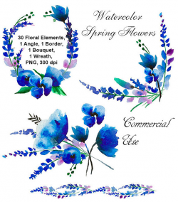 Watercolor Blue Flowers Clipart. Watercolor Floral Clipart.