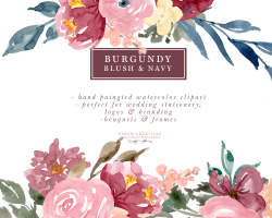 Burgundy Blush Navy Floral Watercolor Bouquets Borders Corners Frames