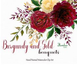 Burgundy and Gold watercolor clipart, burgundy flower clipart ...