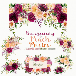 Burgundy and Peach watercolor Clipart drop arrangement