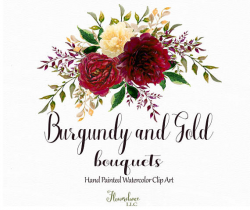 Burgundy and Gold watercolor clipart burgundy flower clipart