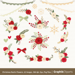 Christmas Rustic Flowers Clipart. Floral Clipart. Floral