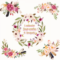 1 Watercolor Flower Wreathes&4 Flower Bouquets，Floral Frame PNG ...